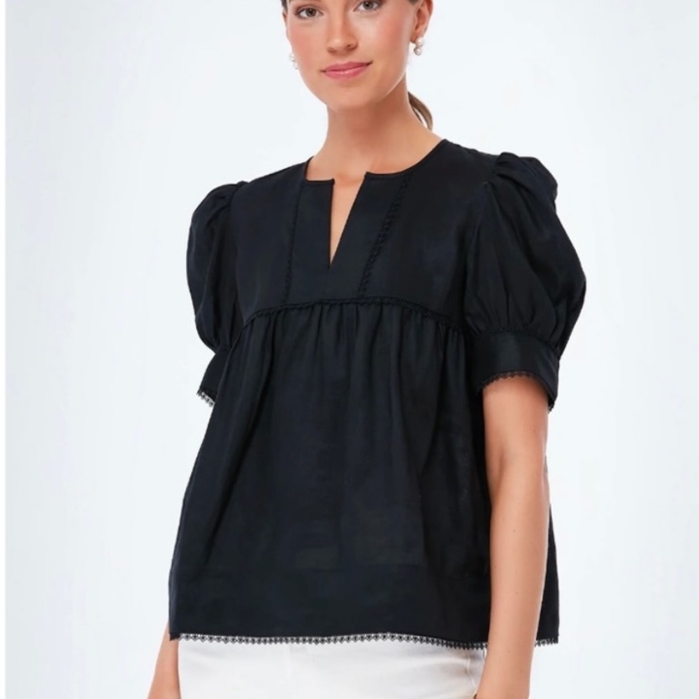 Tuckernuck After Hours Indra Linen Puff Sleeve Blouse in Black NWT Size Small
